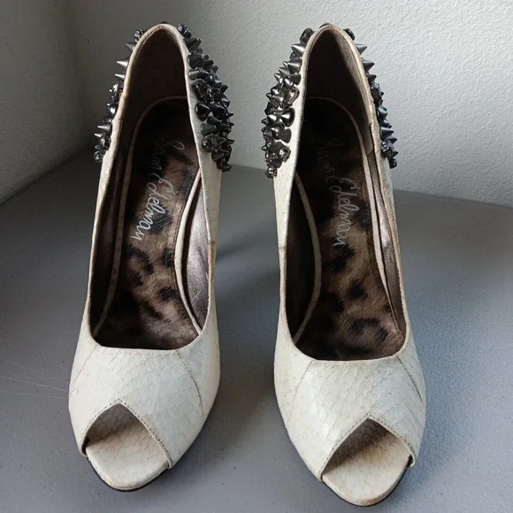 Sam Edelman Shoes Womens 8M Peep Toe Cream Leather Metal Spikes Punk Rock Biker - Picture 4 of 16